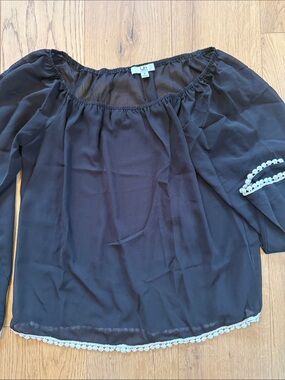 Ya Los Angeles Black Sheer Off-Shoulder Blouse with Cream Trim # 405